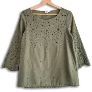 GAP | 100% Cotton Bell Sleeve Eyelet Boho Blouse Scoop Neck Top Green Sz S